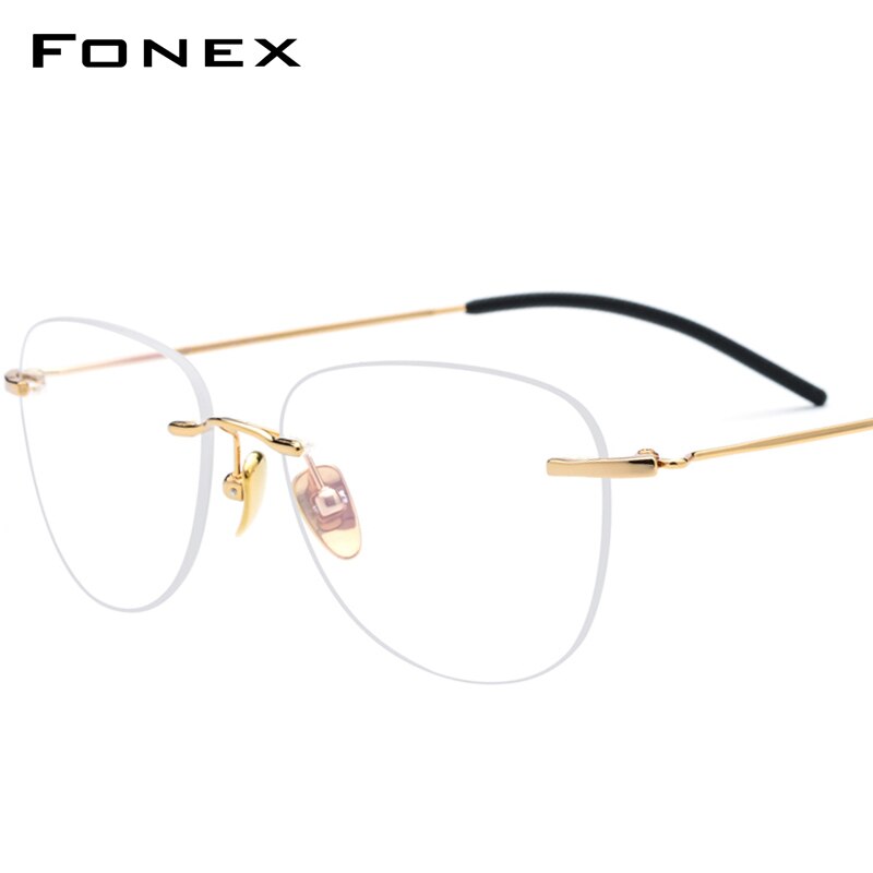 Montura de gafas sin montura de titanio puro FONEX B, gafas graduadas para mujer, monturas ópticas para miopía, nuevas gafas ovaladas Vintage para hombre 855: Dorado