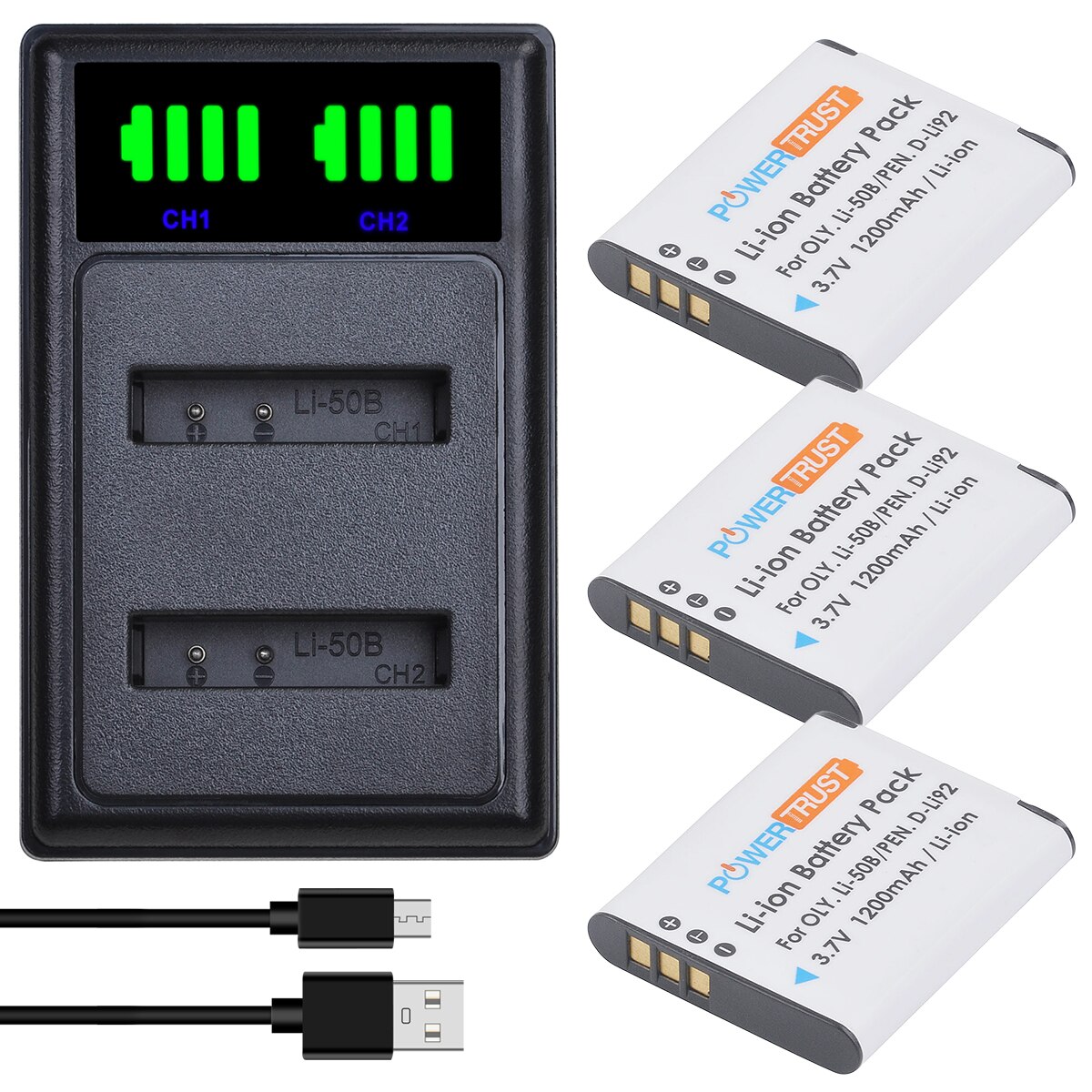 Li-50B 1200mAh Batterie et Chargeur pour Olympus D-Li92 LI50B LI-50C Résistant 6000 6020 8000 8010 TG-610 Pentax D-LI92 DLI92: Black