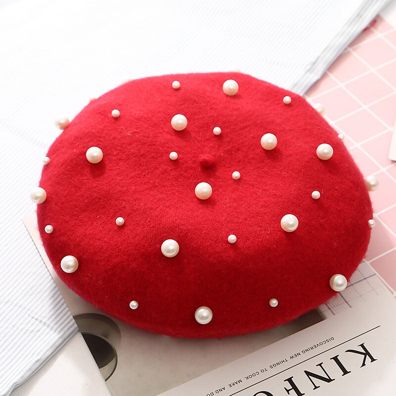 Wool Women Winter berets Luxury pearl rivet Vintage Cashmere Female Warm Vogue beret Hats Girls Flat cap beret for women: Red