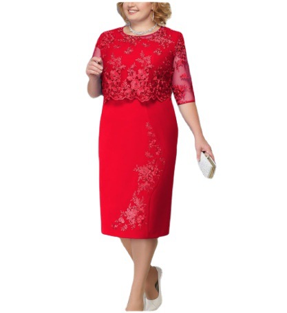 Dam plus size spets kvällsklänning blå klänning till brudens mor o-ringad klänning för bröllopsgäster km -1825: 4xl / Röd