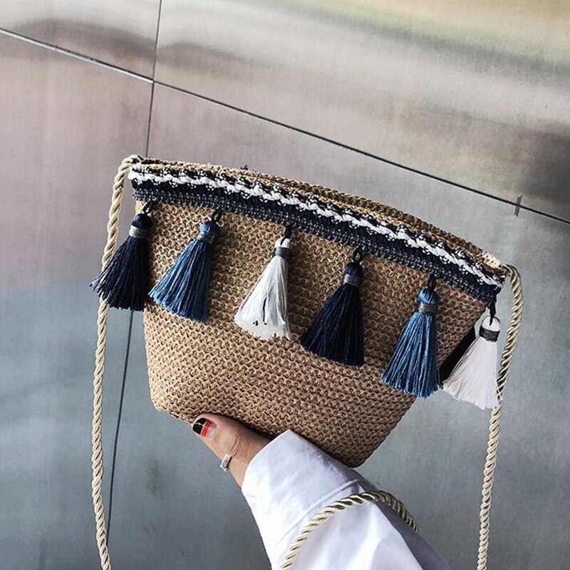 Bolsos de ratán de verano para mujer de bolso de paja cuadrado redondo bolso hecho a mano tejido de playa bandolera círculo bohemio bolsos de playa: Style 3