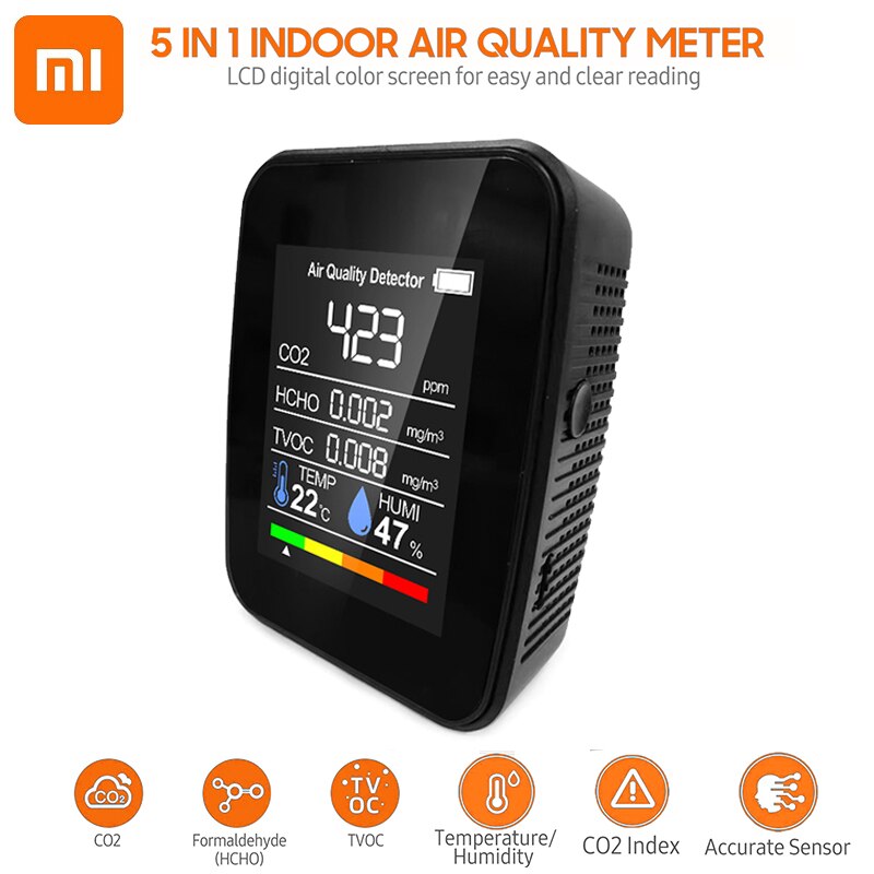 Xiaomi-Monitor de aire interior 5 en 1, medidor Digital inteligente de CO2, HCHO, TVOC, Detector de CO2, analizador LCD de temperatura y humedad