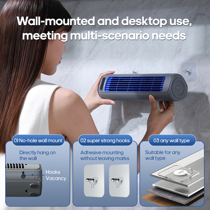 KINSCOTER Tragbarer Klimaanlagenventilator, 2000 mAh, leiser Desktop-Turmventilator, Wandventilator, nicht bohrend, Umwälzventilator, 3 Geschwindigkeiten einstellbar