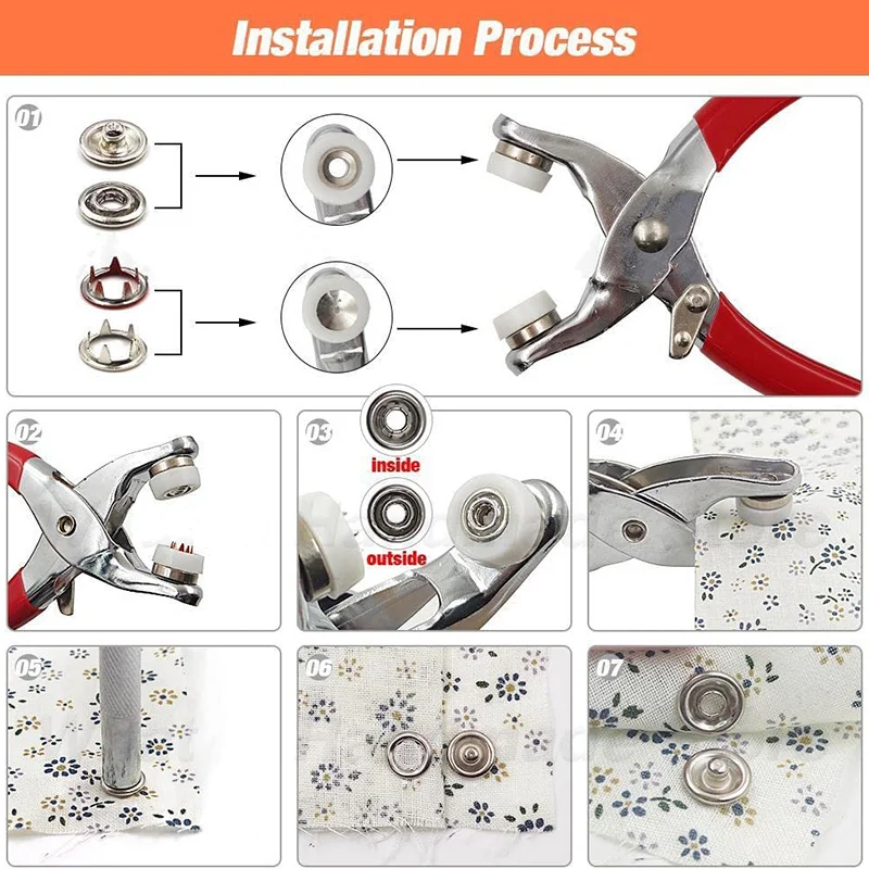 50/100Sets Metal Snaps Buttons with Fastener Pliers Press Tool Colored Claw Button Punch Eyelet Kit for DIY Craft Clothes Sewing