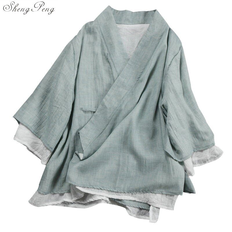 Nueva camisa de lino para mujer, top de estilo chino tradicional, blusas de lino de color sólido, ropa oriental V1475