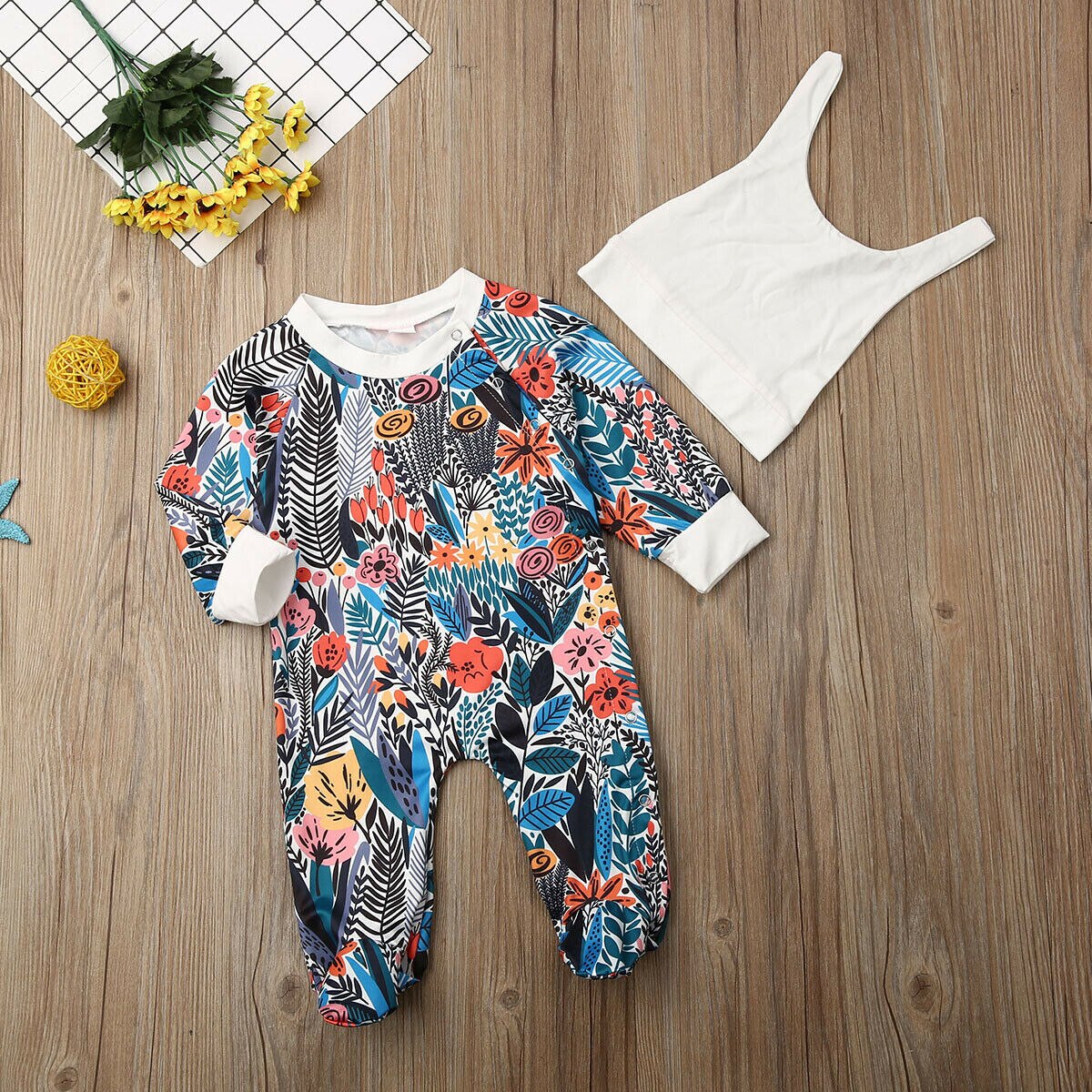 0-24M Baby Baby Meisje Jongens Bloemen Bodysuit Flamingo Romper Jumpsuit Hoofdtooi Winter Lange Mouwen Footies Pyjama Kleding