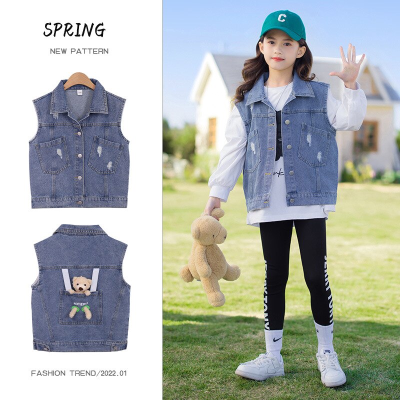 Gilet di jeans per ragazze primavera 2022 nuovo abbigliamento esterno gilet per bambini autunno gilet 4 5 6 7 8 9 10 gilet per bambini invecchiato cappotto abbigliamento per ragazze