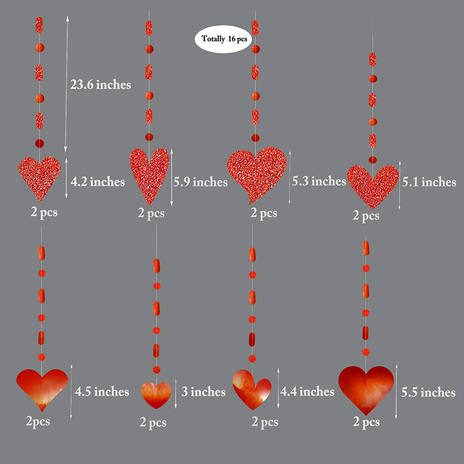 Guirlande décorative en forme de cœur rouge, 16 pièces, banderole suspendue en forme de cœur, pour un arrière-plan de mariage, pour la saint-valentin: Red