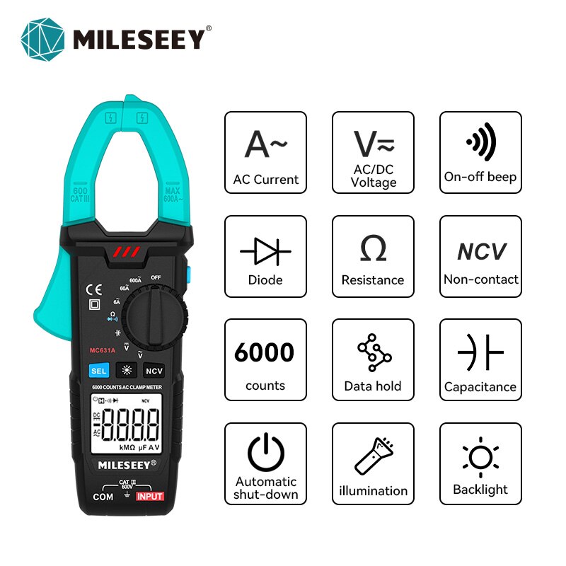 Mileseey-Medidor de abrazadera Digital, medidor de resistencia de ciclo de trabajo de frecuencia de 6000 recuentos, medidor de voltaje sin contacto, amperímetro ACV/DCV de CA: MC631A