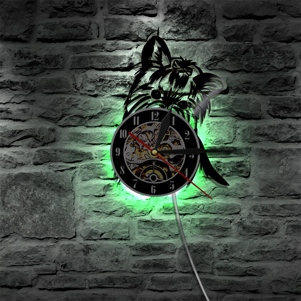 Yorkie Portrait Artist Dog Wall Clock Pet Shop Wall Art Vinyl Record Clock with LED Night Light Yorkshire Terrier Dog Breed