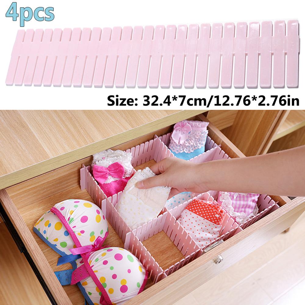 DIY Drawer Divider Adjustable Storage Shelves Grid Partition Board Household Storage Organizer Partition Board Space-saving Tool: 4Pcs  Light Pink