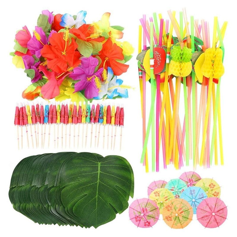 108Pcs Hawaiian Party Benodigdheden Simulatie Plant Turtle Leaf Hibiscus Cocktail Paraplu Stro Bruiloft Tafel Decoratie