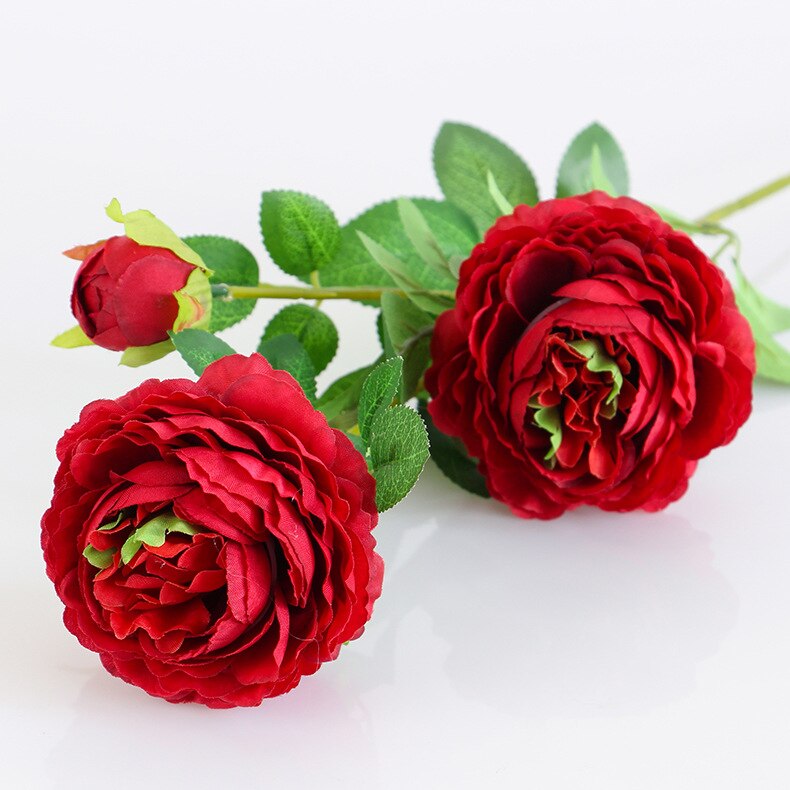 66cm lange europæiske kunstige blomster 3 hoved hjem silke pæon bryllup blomst udenlandske rose dekorative blomster fest dekoration 1 stk: Rød