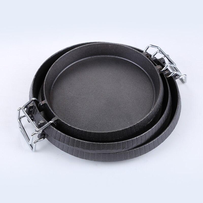 Cast iron electromagnetic oven baking pan iron frying steak plate commercial circular Korean BBQ food dish comal wood tray