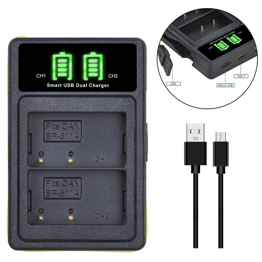 BP-511 BP-511A Battery + LED Dual Charger Type C for Canon EOS 5D 10D 20D 30D 40D 50D D30 D60 G1 G2 G3 G5 G6 Pro 1 Pro 90: 1 charger