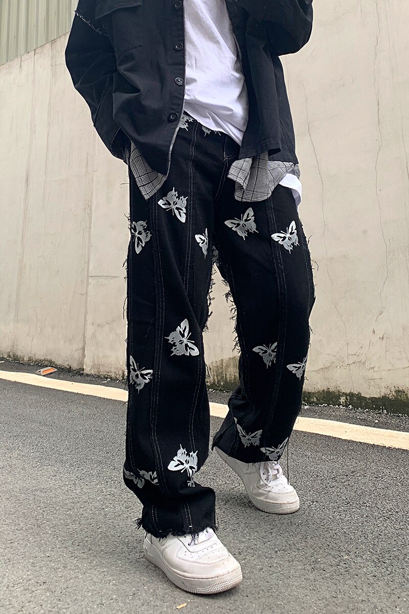 IEFB Men's Butterfly Reflective Print Tassel Harajuku Hip Hop Streetwear Black Jeans Trend Niche Denim Trousers 9Y6339