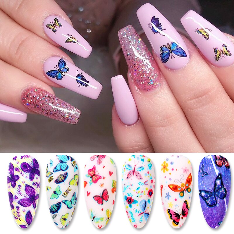 Nail art overføringsfolier sommerfugle blomst nail art overføring klistermærker dias holografiske negle art decals til manicuring diy