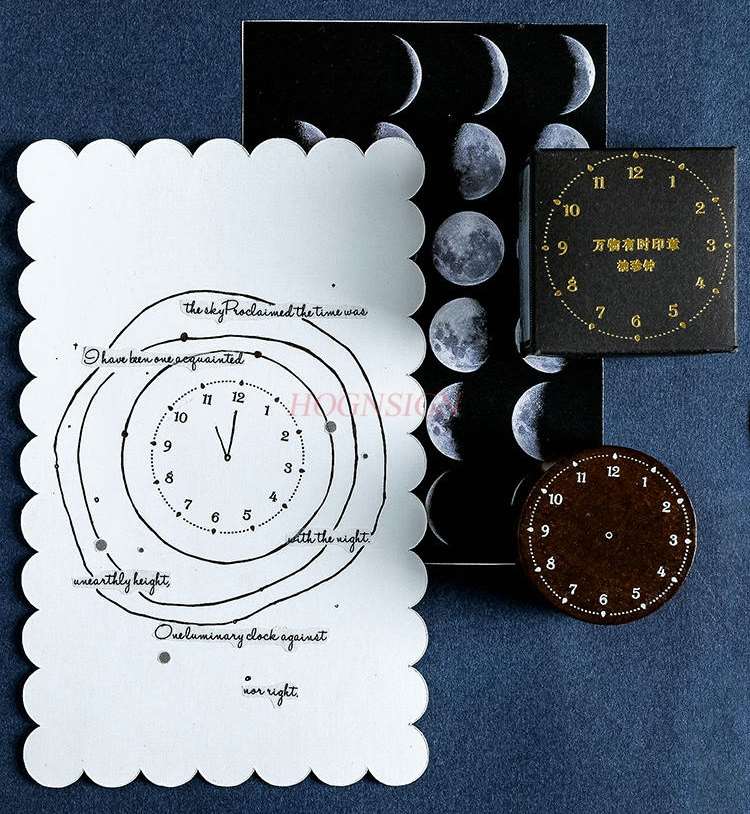 Round wooden seal moon phase perpetual calendar quartz clock sundial handbook decoration tool