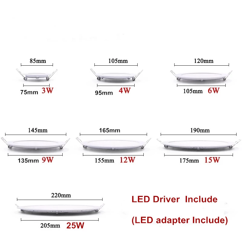 Dimmable LED Panel Light Ceiling Recessed Downlight 3w 4w 6w 9w 12w 15w 25w Round LED Spot Light AC85-265V
