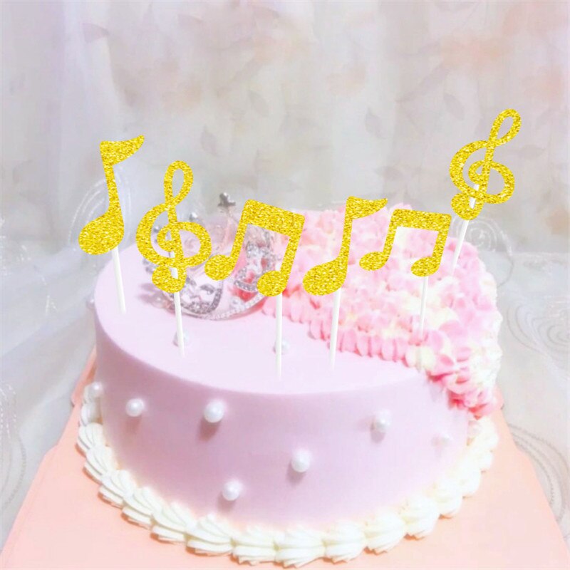 6pcs/set Black Gold Music Notes Cake Topper Cartoon Theme Music Party Kids Birthday Party Cupcake Topper Decorations: Gold