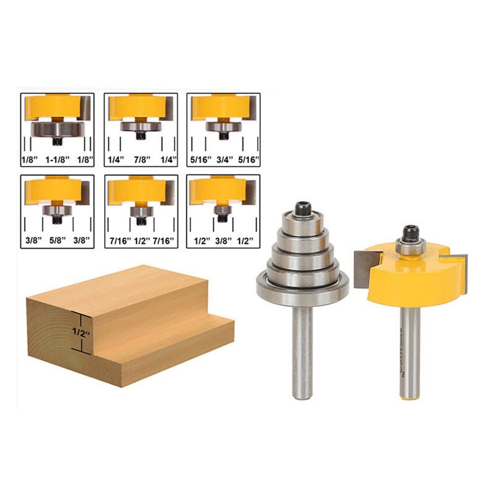 1/4” Inch Shank 1-3/8” Height Multi Rabbet Router Bit Set (6 Bearings Multiple Depths ) Interchangeable and Adjustable Bearing.: 1