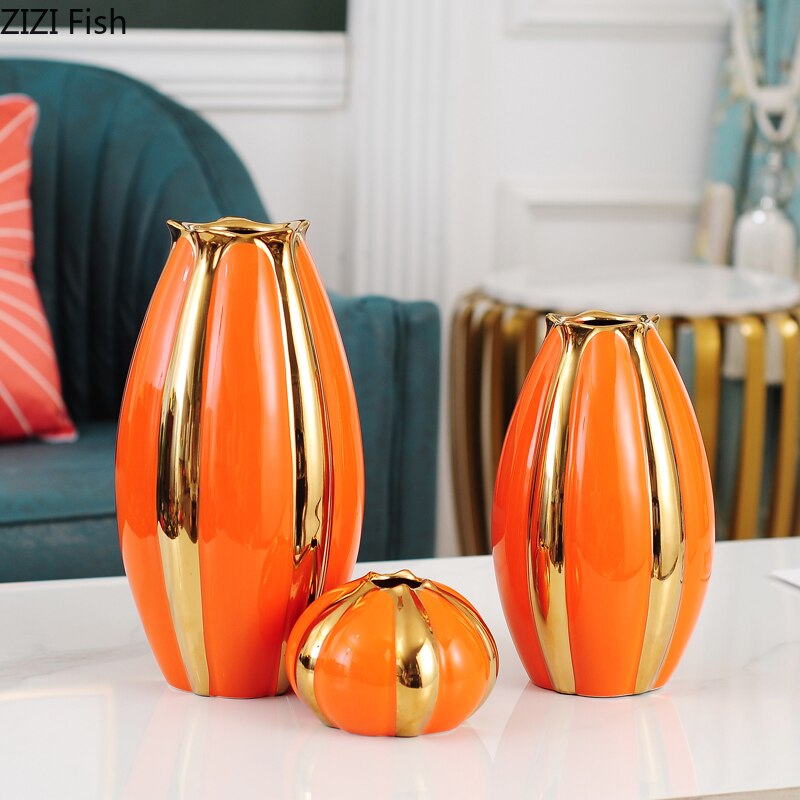 Star Fruit Ceramics Vase Orange Porcelain Vases Desk Decor Golden Stripes Floral Artificial Flowers Home Decoration Modern