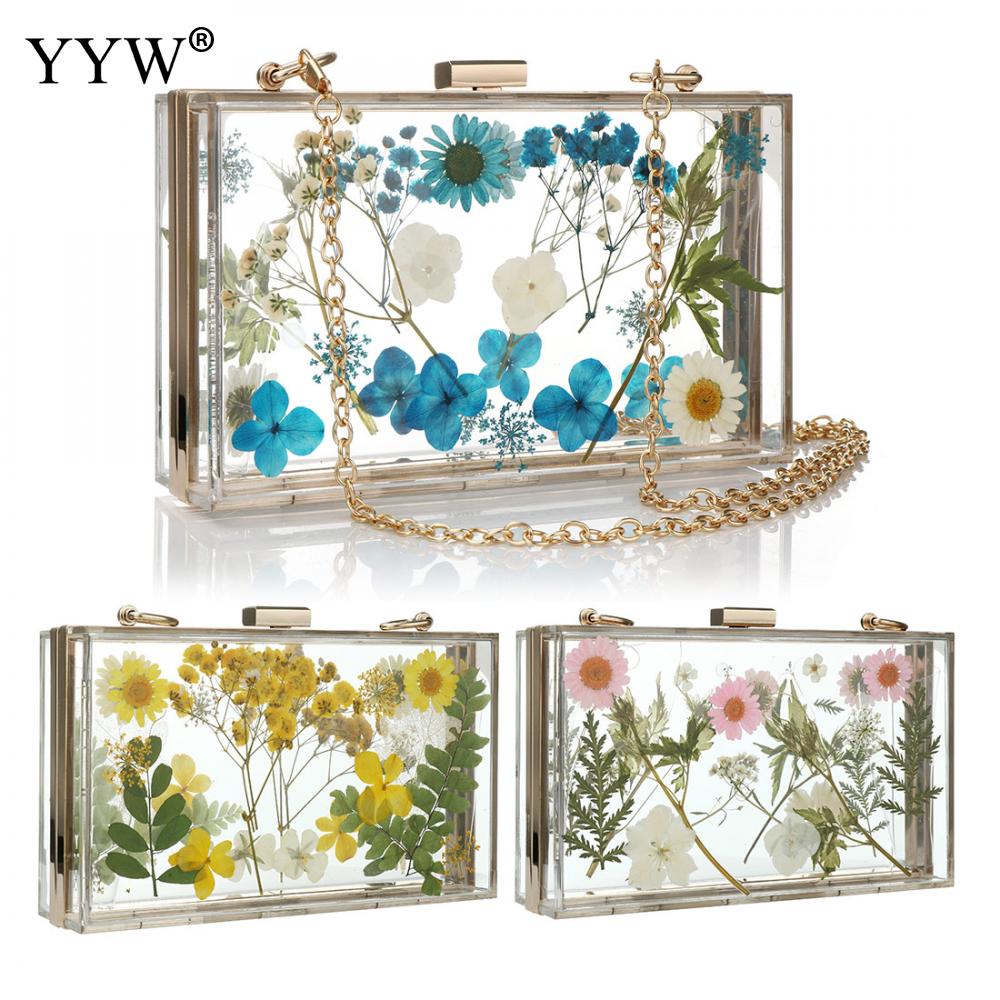 Acrylic Transparent Floral Evening Clutch Wedding Bridal Cute Wallet Women Tote Pack Clear Hard Box Metal Chain Shoulder Bags