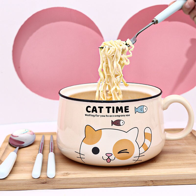 Cartoon Cat Bowl Ceramic Bowl Large Capacity Soup Bowl Kitchen Tableware Salad Bowl Ramen Noodle Bowl With Lid Spoon Fruit Bowl