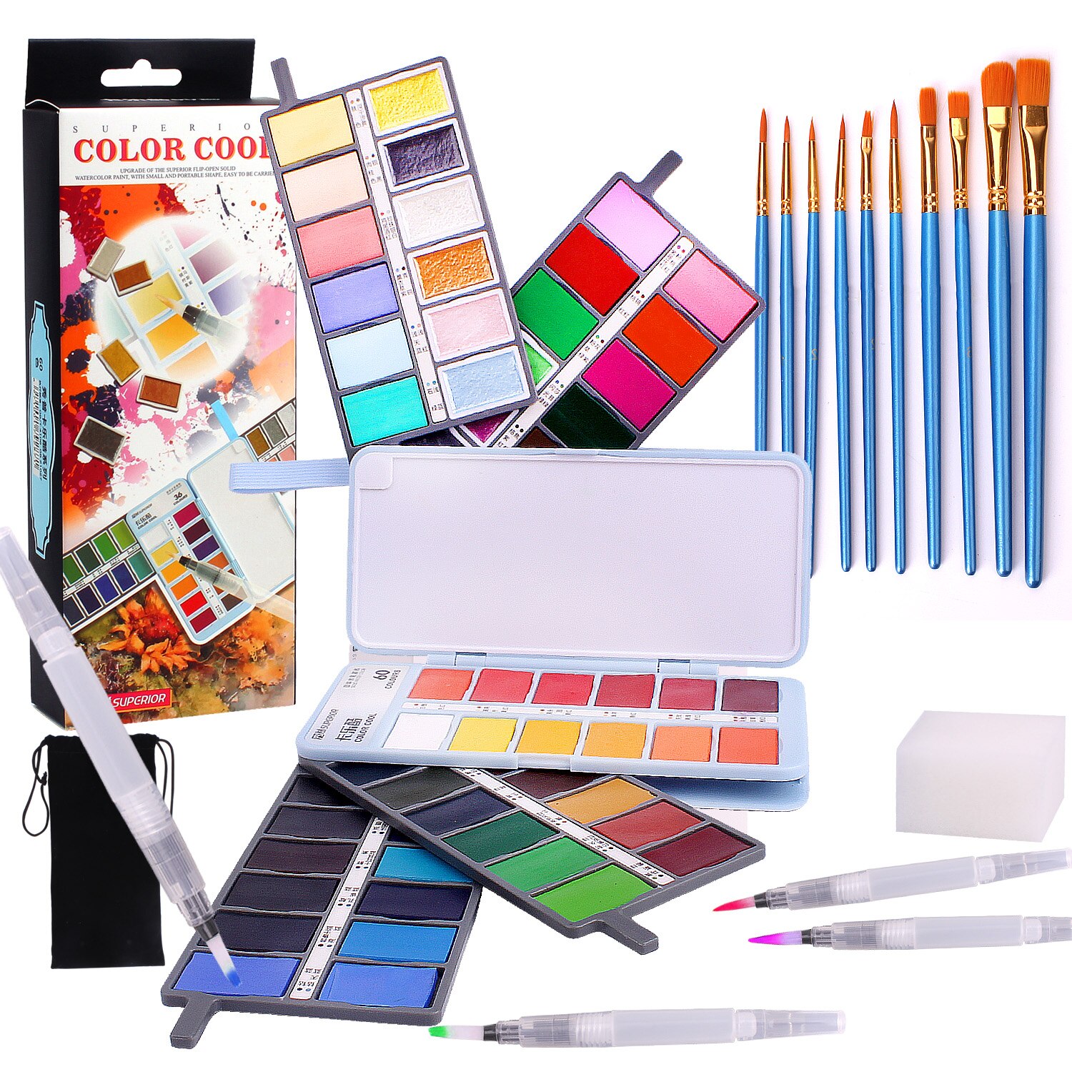 Aquarel Verf Set Professionele Effen Aquarel Verf Set Gouache Aquarel Kit Met Water Borstel Pen Potloden Pouch: 60color