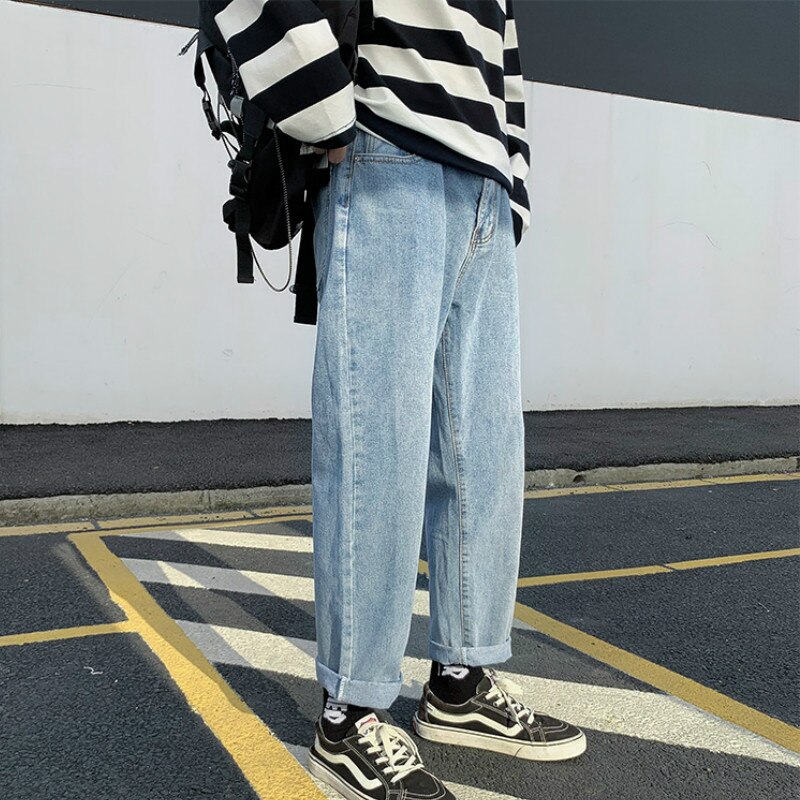Män jeans chic retro solida vida byxor plus storlek 3xl ankellånga herr lös koreansk stil student fritid ulzzang harajuku
