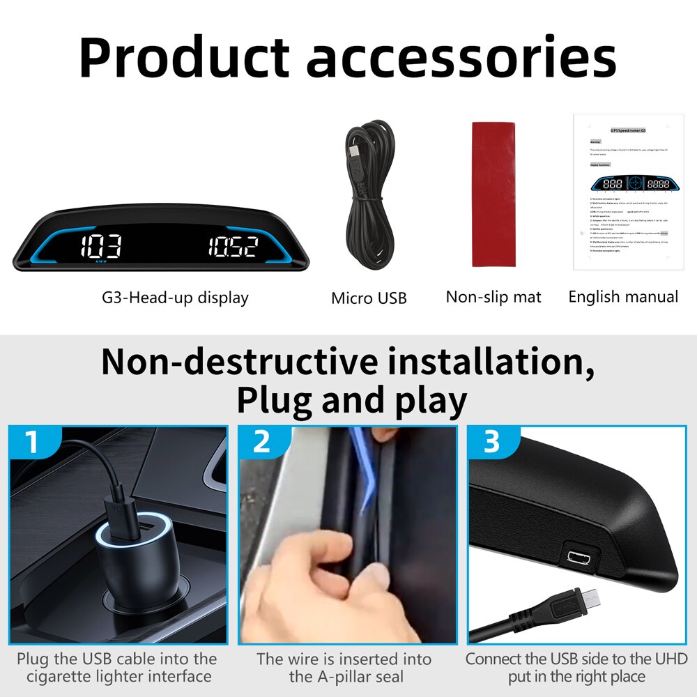 GPS HUD Head Up Display Car Smart Gadgets Digital Speedometer Alarm Reminder Meter Auto Electronics Accessories For All Car