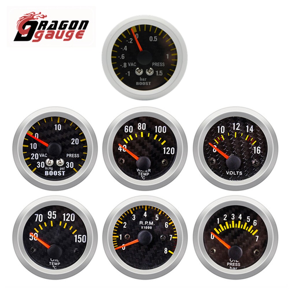 DRAGON GAUGE 2" 52mm Tachometer RPM Meter Water Temp Oil Temp Oil Press Voltmeter Boost Gauge PSI/BAR Car Gauge for 12V Car