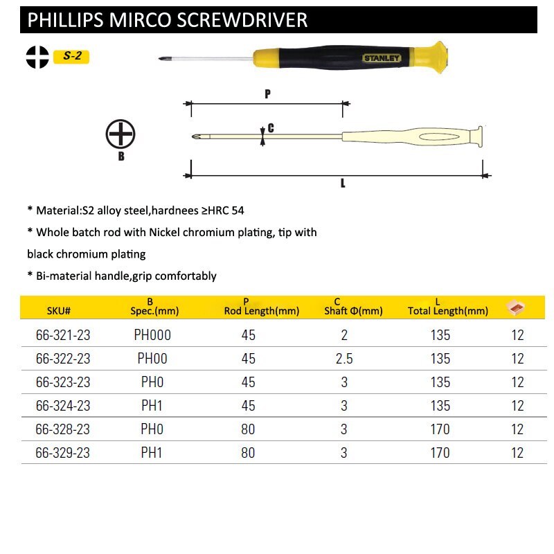 Stanley 1- kpl tarkkuus phillips ristipää mikro mini ruuvimeisseli  ph000 ph00 ph0 ph1 s2 terästä kameran silmälasit lelut työkalu
