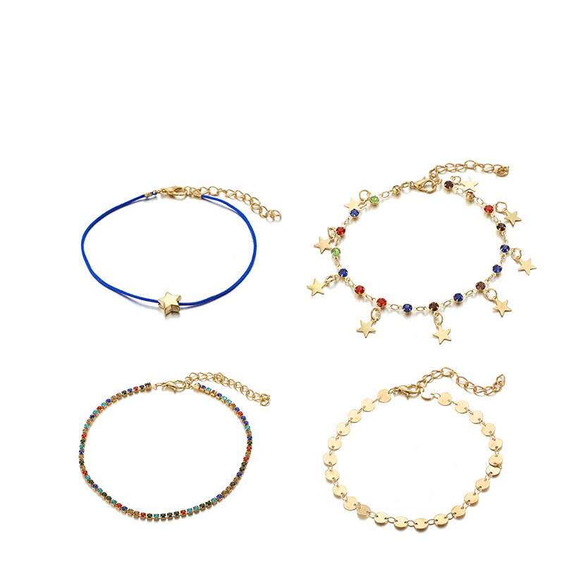 Tocona Fuß Schmuck Bunte Kristall Strass Fußkettchen Set Sterne Pailletten Anhänger Barfuß Knöchel Bein Armbänder Sommer Schmuck 8641