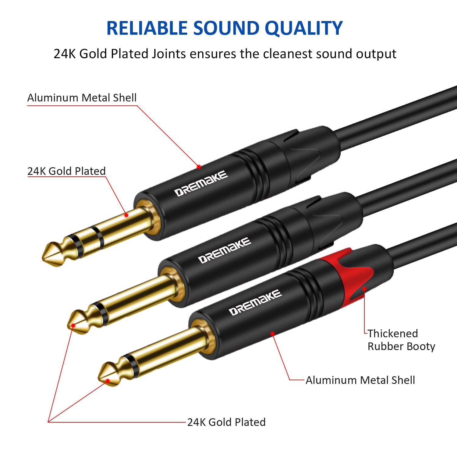 DREMAKE TRS 6.35mm to Double 6.35mm TS Cable 2 Mono 6.5 Jack to 1/4 Inch 6.35 TRS Audio Breakout Y-Splitter Cord for Amplifier