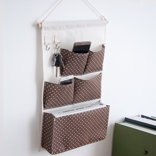 Canvas Storage Hanging Bag Wall Hanging Door Dormitory Hanging Bag 5 Pocket Space Sundries Hanging Organizer: Coffee