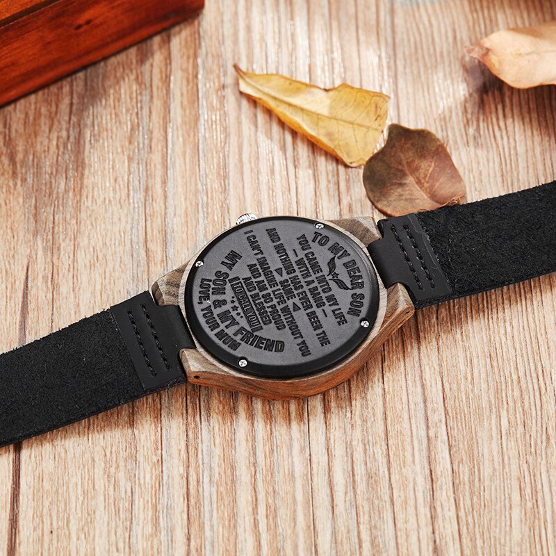 Wooden Watch To My Dear Son Wood Engraved Quartz Watch Men Bamboo Modern Wristwatches Nature Wood Leather