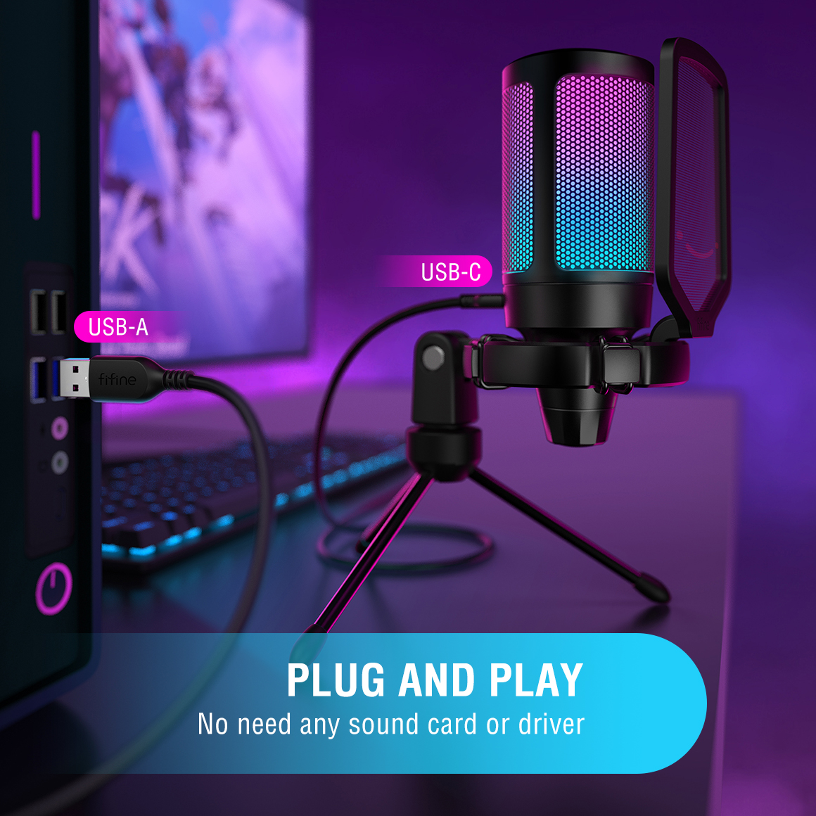 FIFINE USB kondensatorowy mikrofon do gier, do komputera PC PS4 PS5 MAC z filtrem popowy, mocowaniem przeciwwstrząsowym i regulacją wzmocnienia dla podcastów, Ampligame A6V