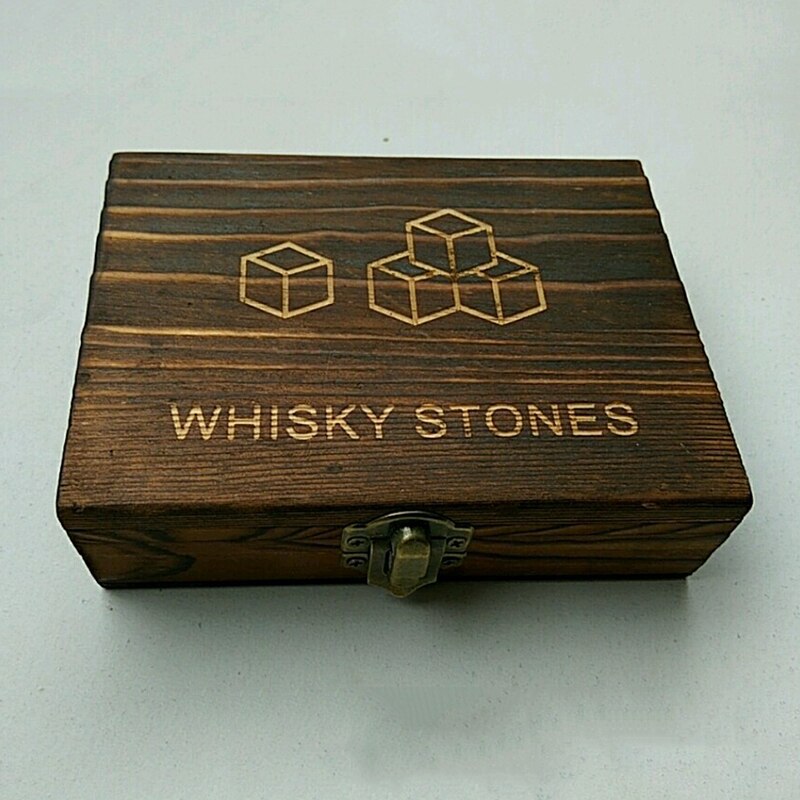 9Pcs Whisky Ice Stones with Wooden Box& Velvet Bag Wine Drinks Cooler Cubes Whisky Stone Granite Pouch Reusable Cubes Granite