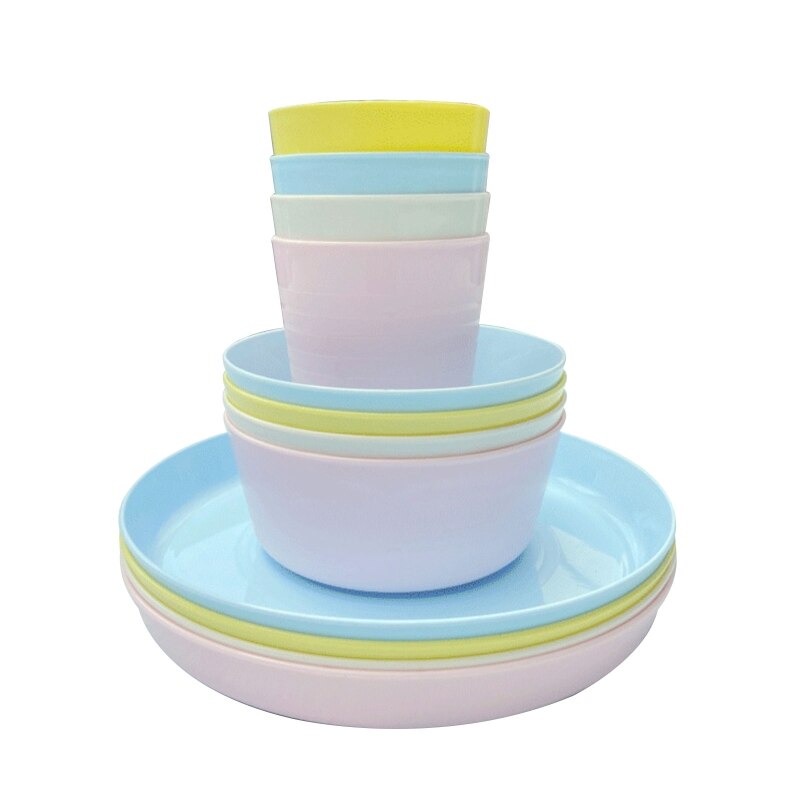 Porslinsset av plast återanvändbart 4 koppar 4 skålar & 4 tallrikar för småbarn picknick & festuppsättning för pojkar och flickor 12 st