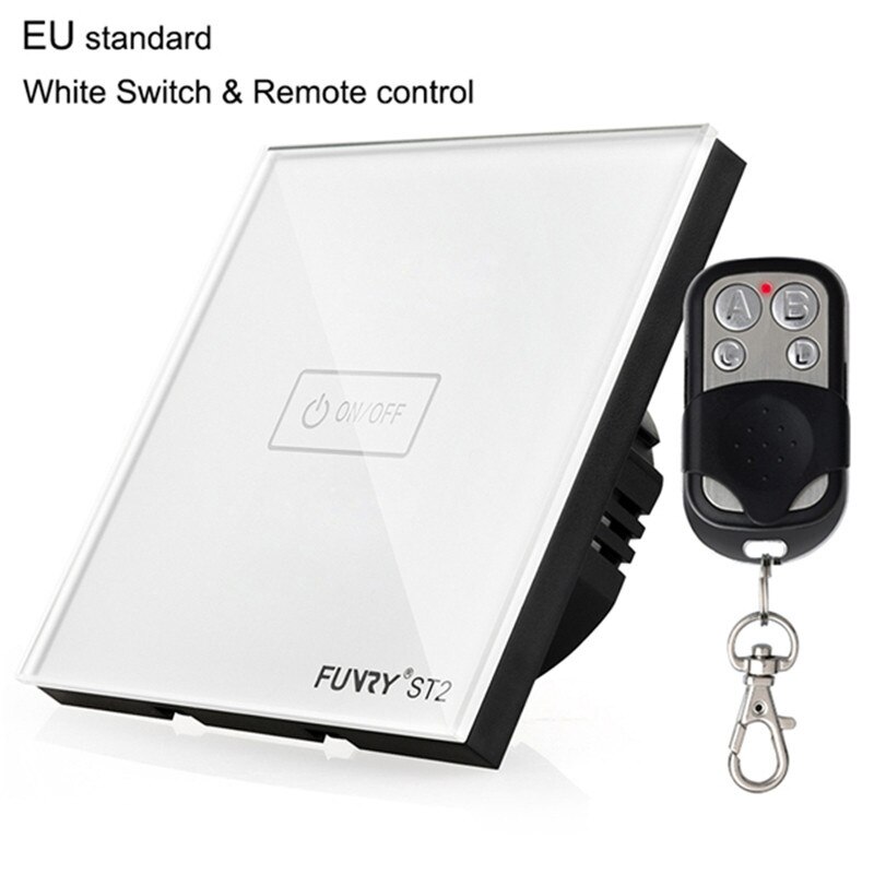 EU Standard Switch Original FUNRY ST2 1Gang Remote Control light switch Crystal Tempered Glass Panel touch switch 170-240V RF433: White remote control