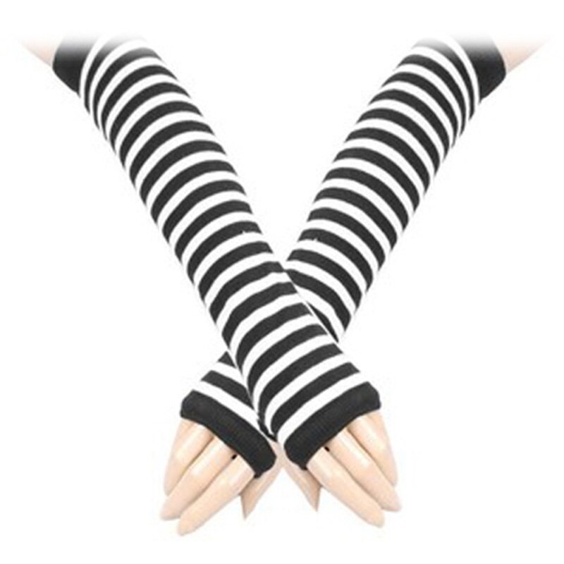 Paar Wit Zwart Stripes Acryl Vingerloze Arm Warmers Handschoenen Voor Vrouwen