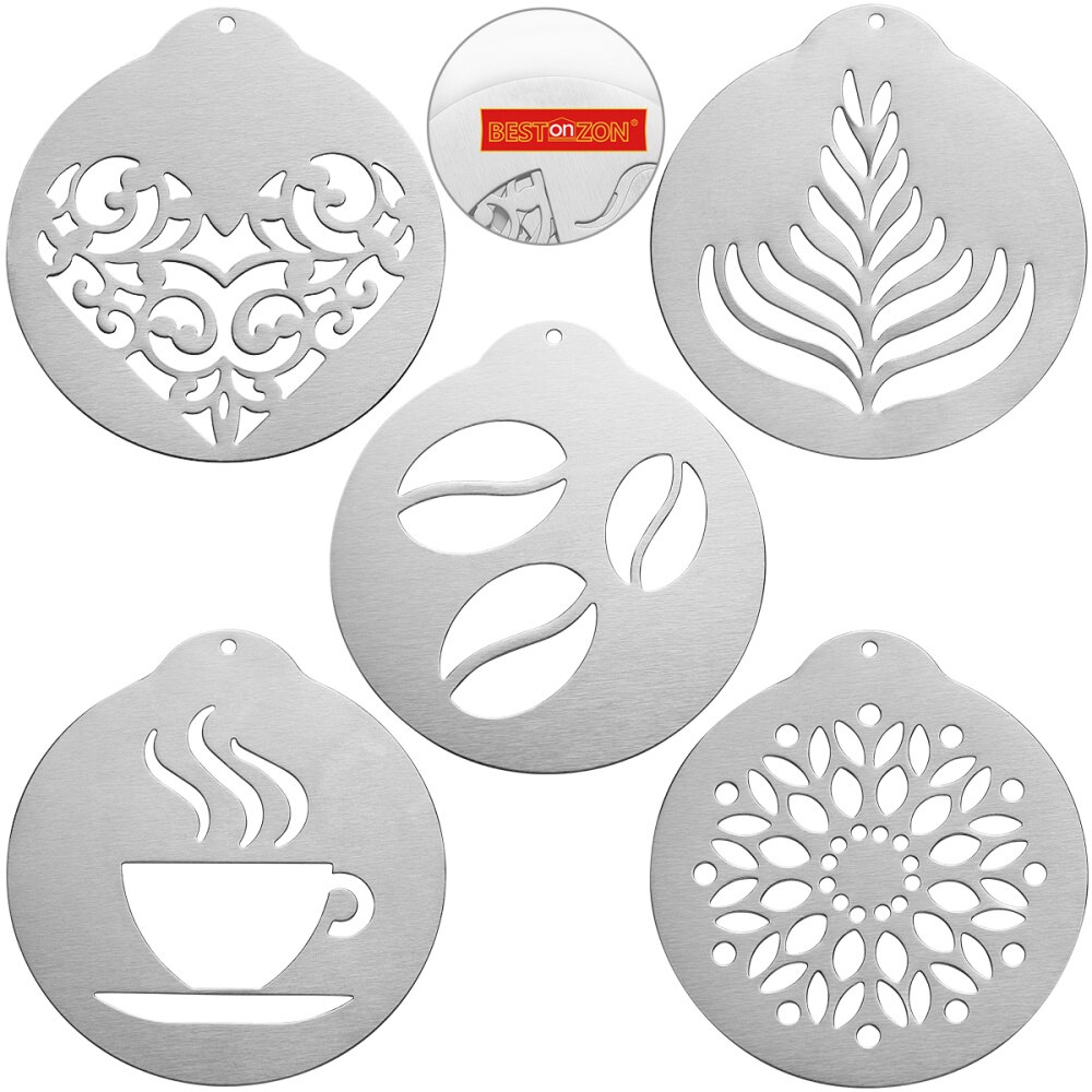 Bestonzon 5 stuks roestvrijstalen koffiesjablonen, barista-cappuccino-sjablonen, koffiekransvorm, taartdecoratiegereedschap