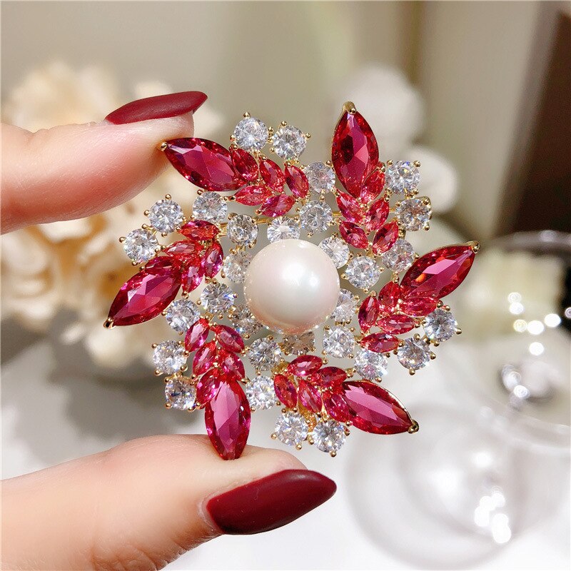 Broschen für damen,  s925 imitationsperlen, rote zirkonia-blume, schalnadel, brosche, korsagen, edler schmuck