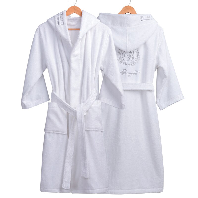 Invierno Albornoz de algodón de los hombres con capucha hombre ropa de dormir traje de franela amantes túnica gruesa de manga larga suave cálido Albornoz de hombre blanco