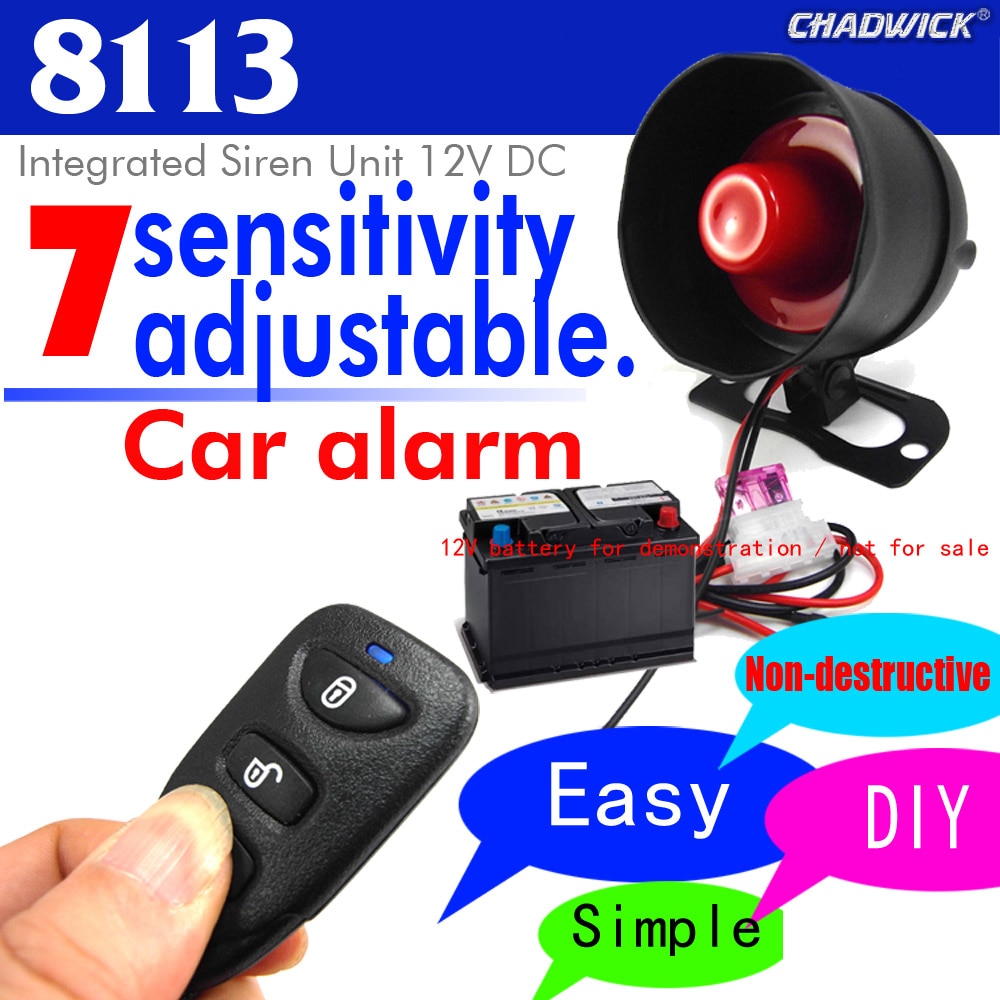 One way car alarm system easy to install Vibration alarm aloud DIY Car accessories Adjustable sensitivity 12V DC CHADWICK 8113