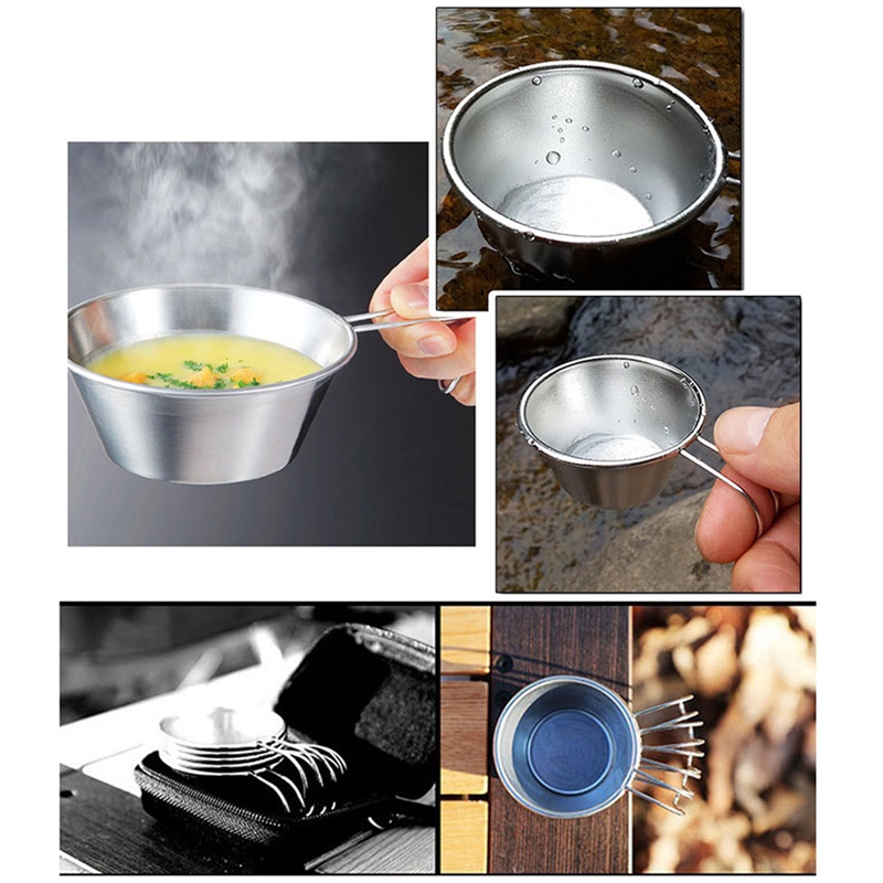 4 tazones de acero inoxidable Mini utensilios de cocina portátiles al aire libre Camping vajilla taza de café con asas Anti-escaldado pequeño tazón