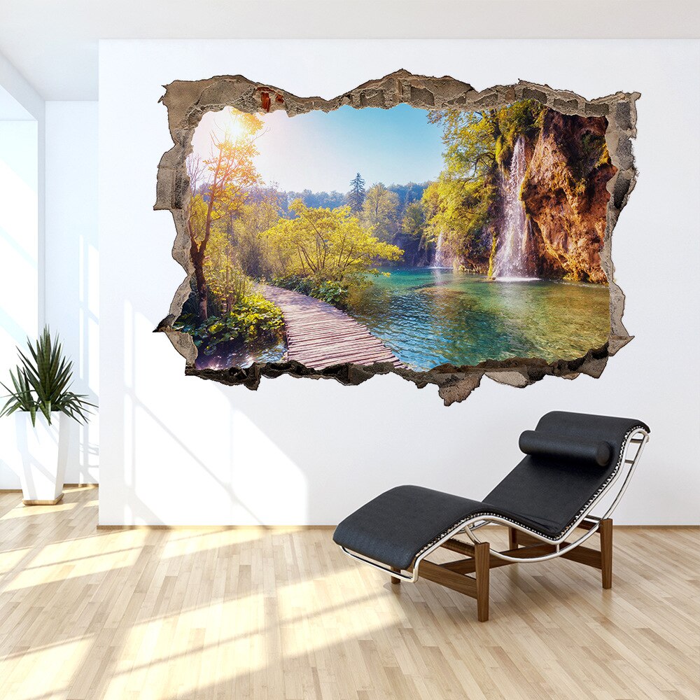 Pegatinas de puerta de paisaje Natural de montaña, pared rota 3D, Mural de vinilo, papel pintado con paisaje