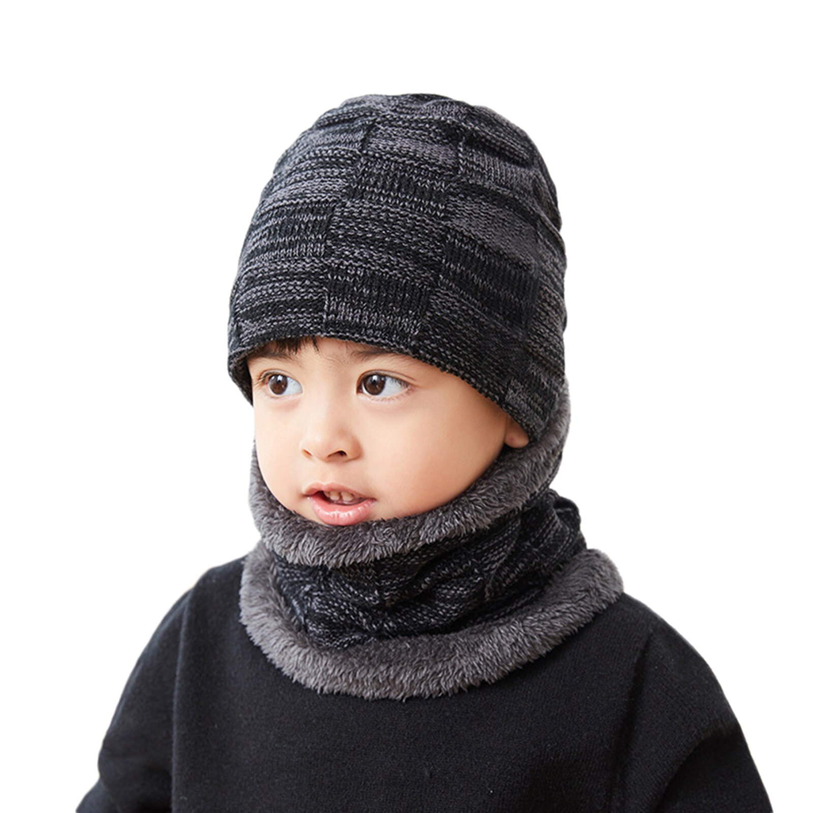 Winter Beanie Hat Scarf Set Thick Fleece Lined Warm Knit Ski Hats for Men Boy &T8: Black Children