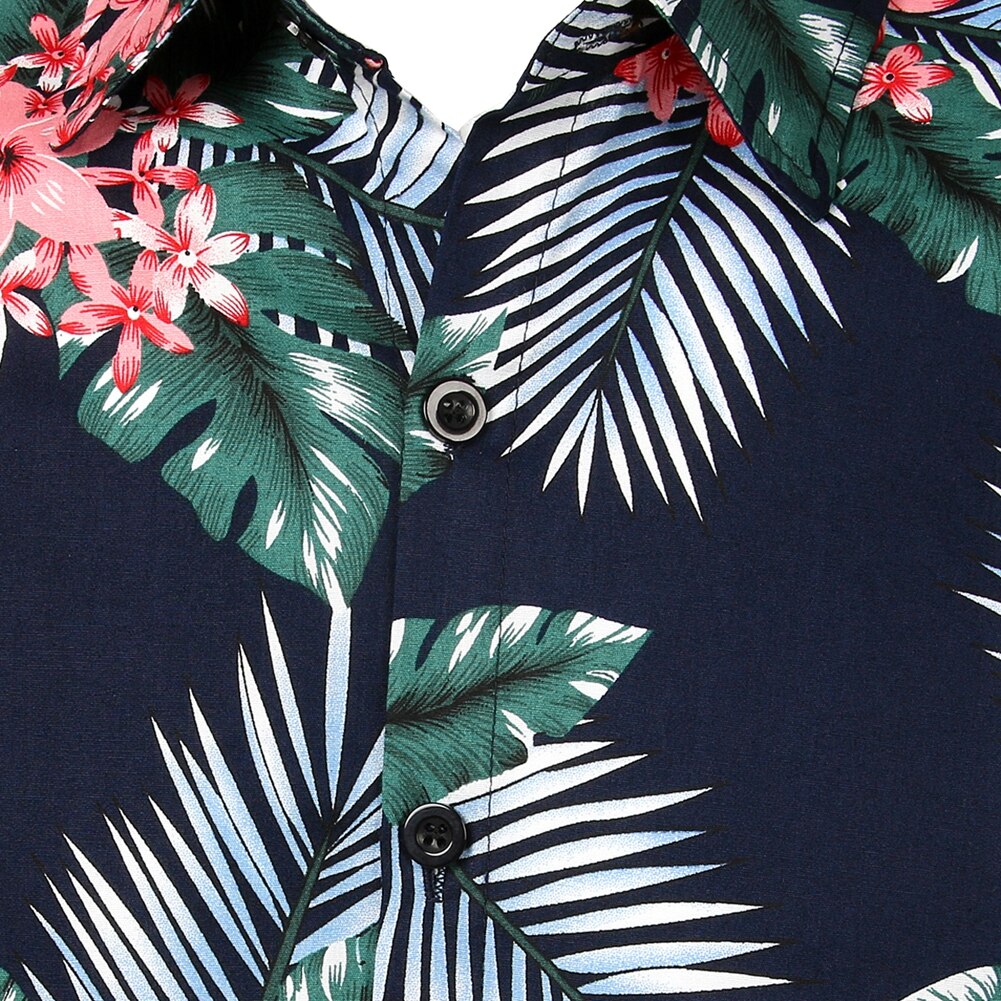 Mænd blomsterblade mønstertrykt slim fitness korte ærmer skjorter afslappet print knap skjorte hawaiianske toppe